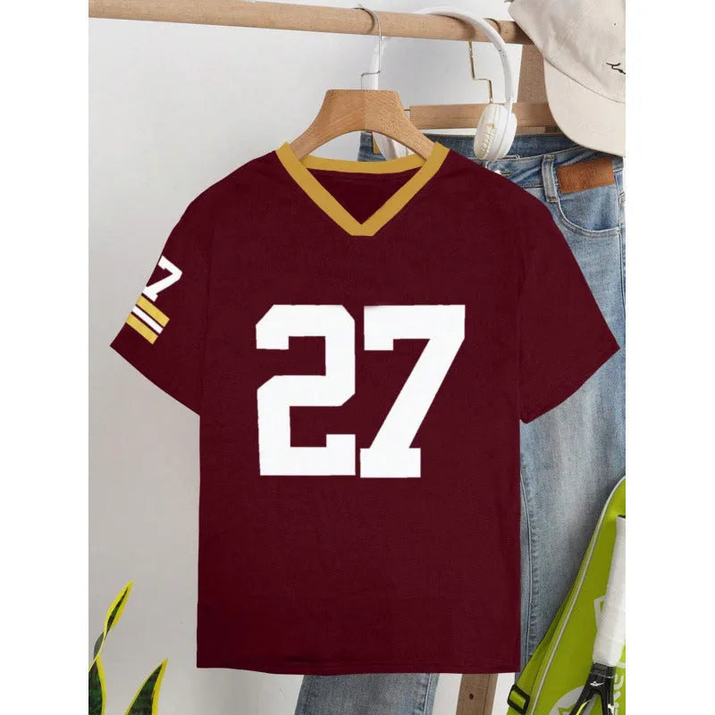 Loose fit cotton t-shirt with digital printed contrasting colour design in red or green options