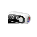 Portable mini speaker with extra bass features and digital clock display in black, blue, or white colour options