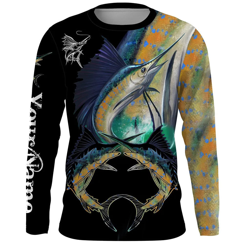 Men's grey round neck long sleeve pullover with a large colourful fish graphic print on the front.