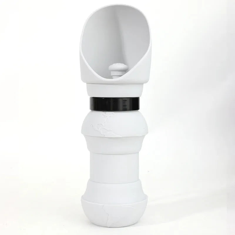 Collapsible silicone pet water cup shown in folded and open positions, available in various colours.