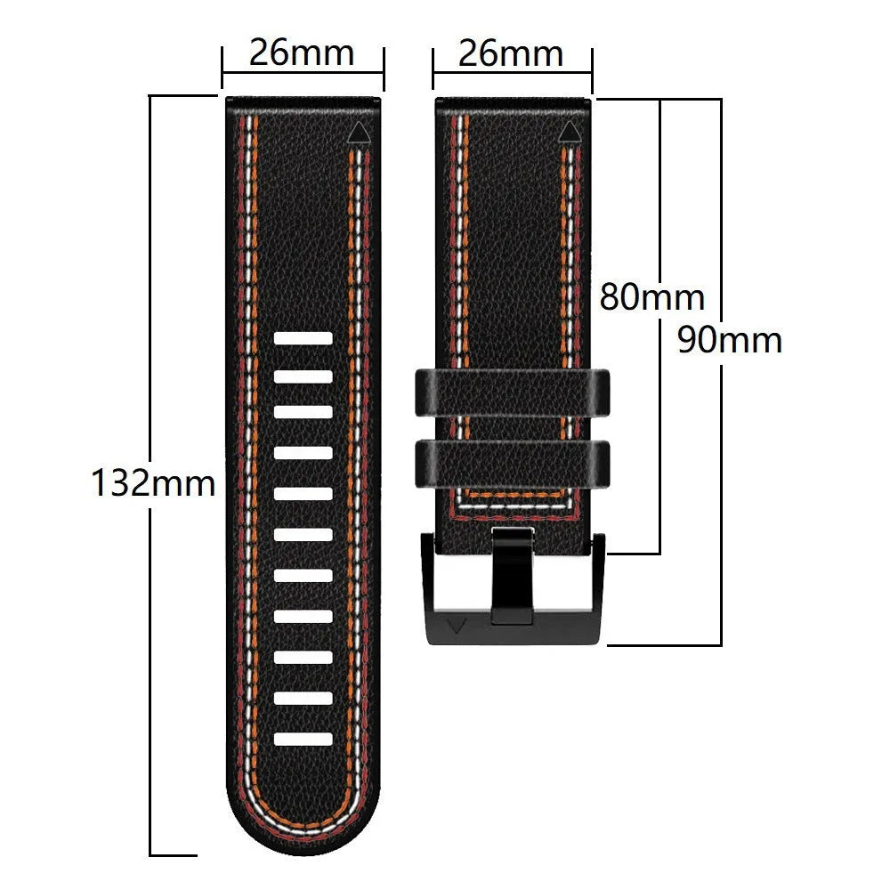 Silicone leather watchband for Garmin Fenix smartwatches with quick release bars in black colour.