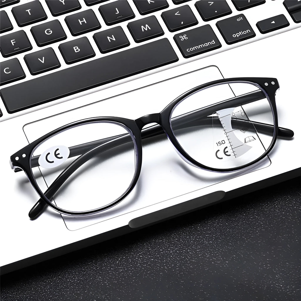 Women's ultra-light presbyopic glasses with multi-focus lenses shown in black and blue frame colour