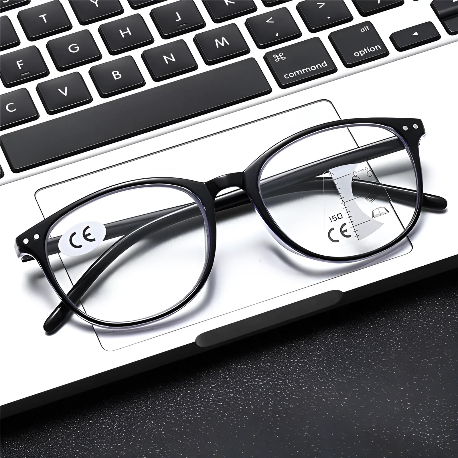 Women's ultra-light presbyopic glasses with multi-focus lenses shown in black and blue frame colour