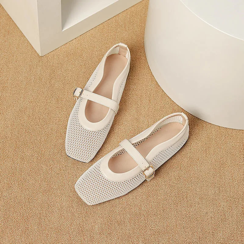Women's beige mesh hollow out pumps with a square toe and buckle fastening on a flat beef tendon sole.