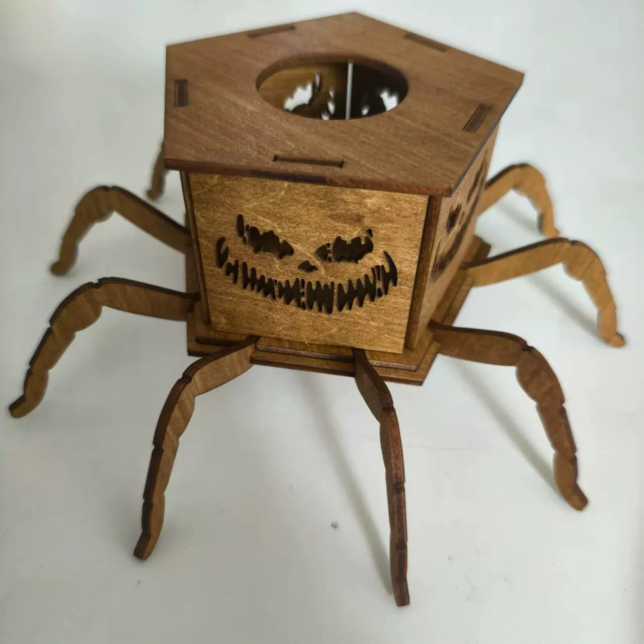 Wooden spider Halloween lantern candlestick decoration measuring 21cm by 8.5cm