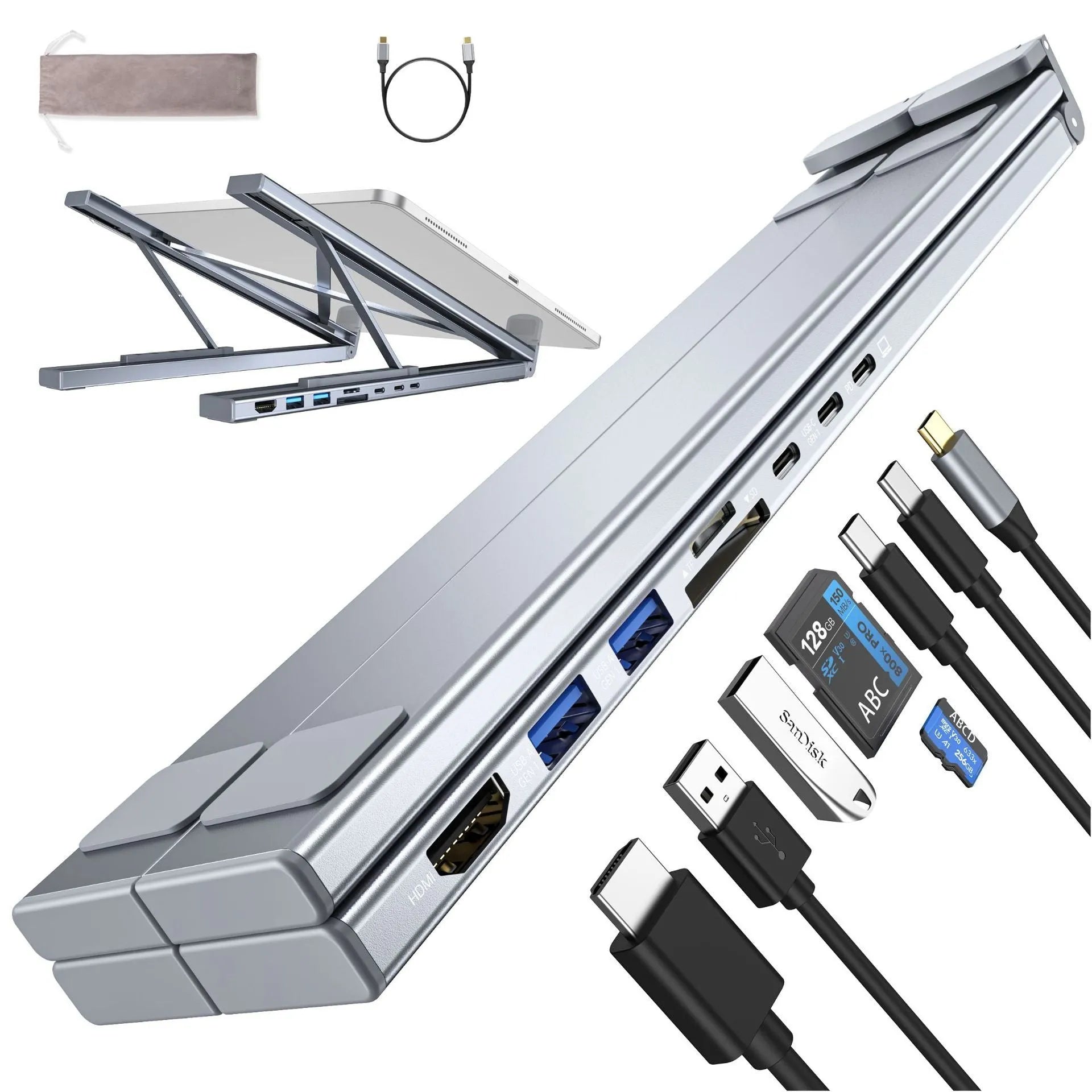Silver aluminium alloy folding laptop stand with a built-in multi-port docking station hub.