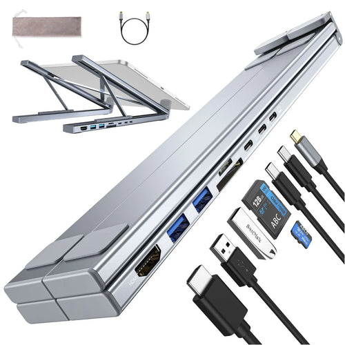 Silver aluminium alloy folding laptop stand with a built-in multi-port docking station hub.