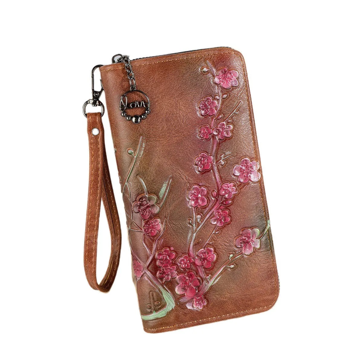 Embossed floral pattern Chinese style handbag with zipper closure in black colour