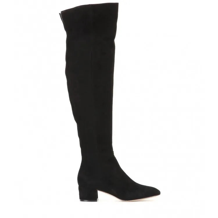 Women's grey suede over the knee flat boots with a pointed toe and low thick rubber sole.