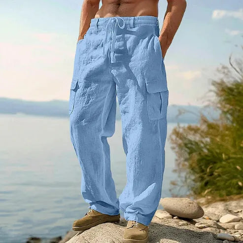 Men's loose fit cotton wide-leg casual trousers in light army green colour