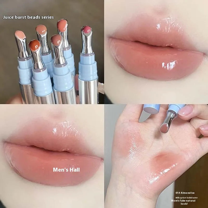 Mirror Water Light Lip Gloss Lipstick in six sheer ice colours including almond, raspberry, and pear.