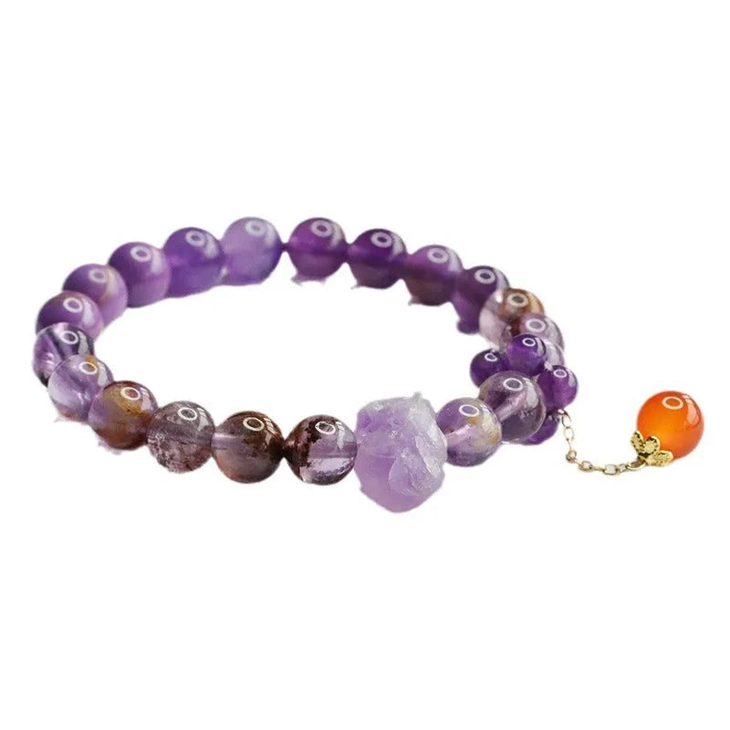 Natural nine purple amethyst crystal bracelet with red agate stones in Mori style design