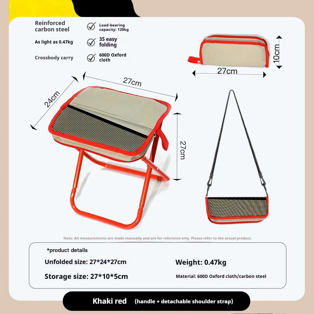 Lightweight foldable camp chair stool in Oxford cloth, shown in a khaki colour, folded into its compact pencil box shape.