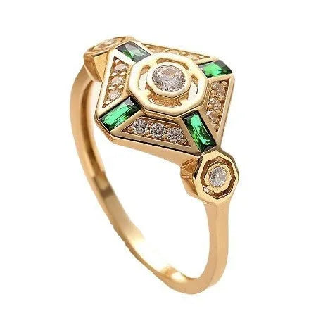 Emerald green square diamond ring with geometric design and electroplated finish