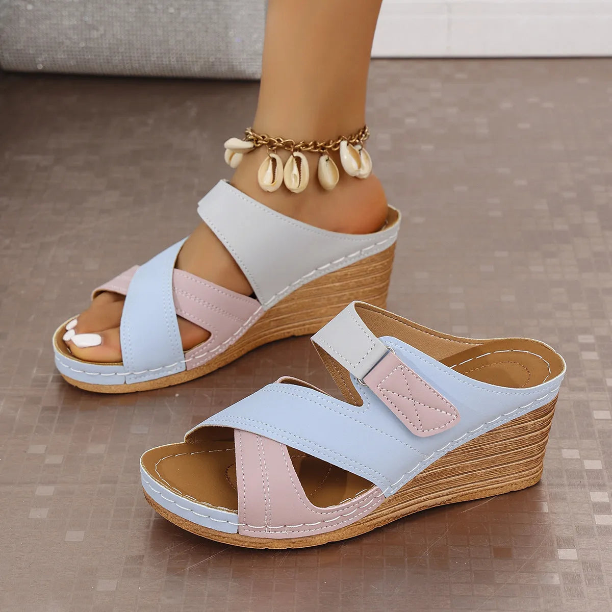 Women's platform wedge slippers with adjustable Velcro strap in multiple colour options