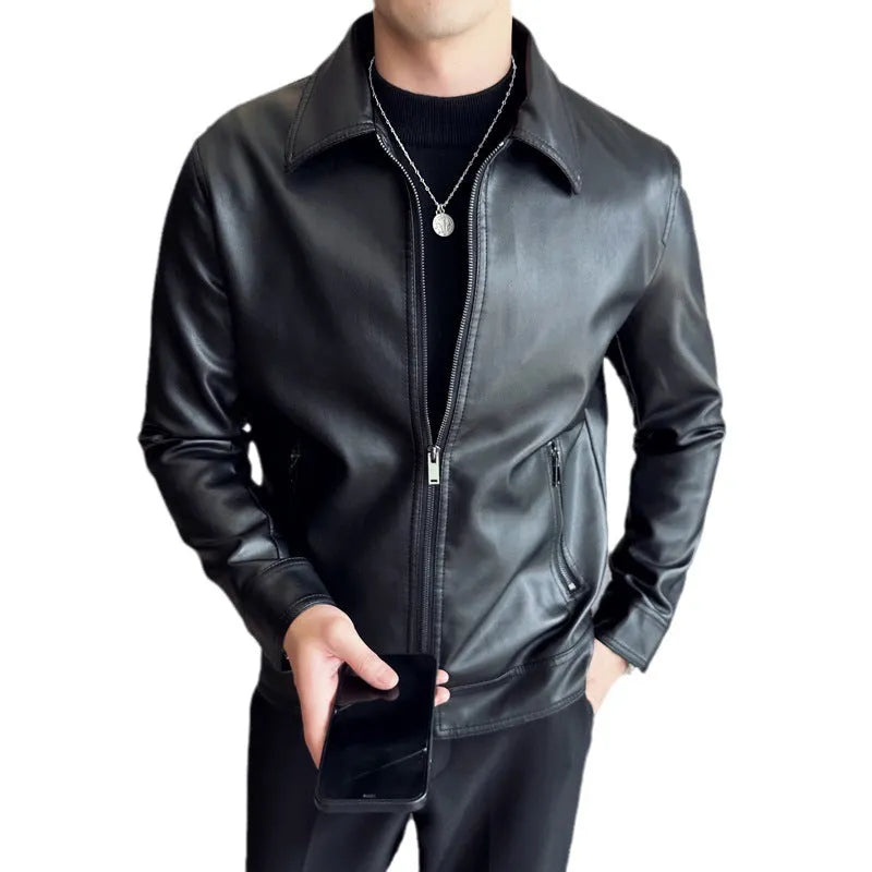 Men's black PU leather casual jacket showing front view with zipper pockets.