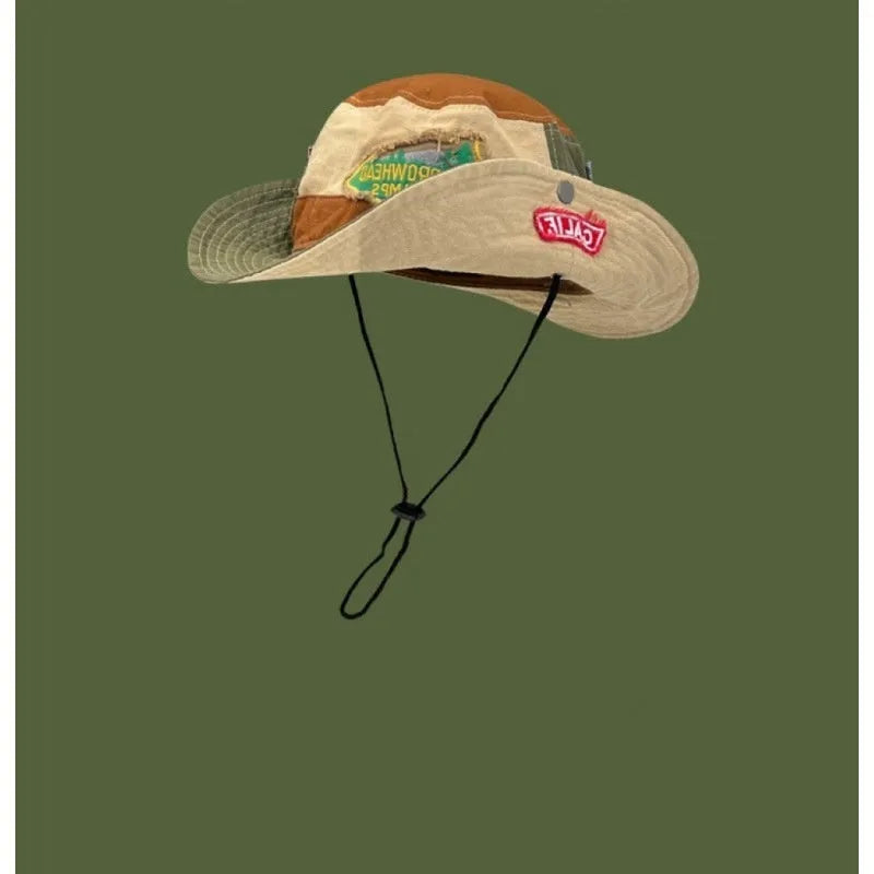 Army green foldable fisherman hat with flat top crown and patchwork cotton fabric design