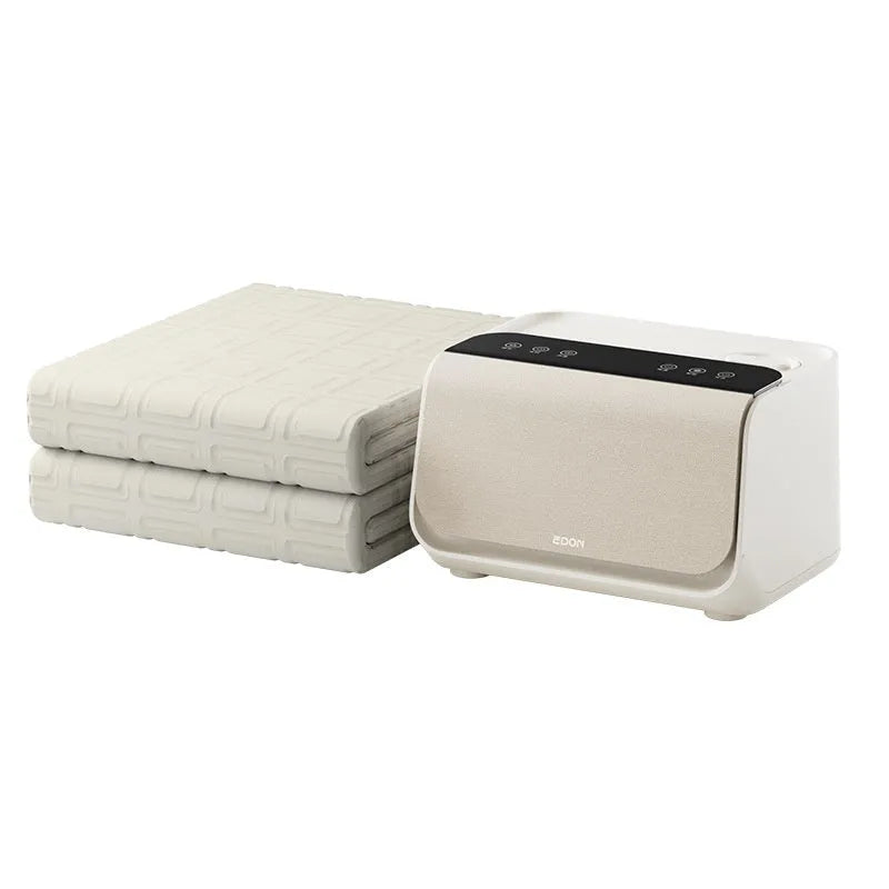 Aideng white plush electric water blanket with smart control host, shown on a bed.