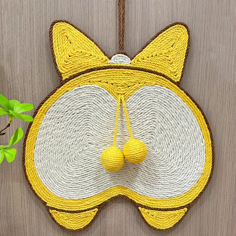 Yellow cat scratching pad with corgi butt design on natural sisal surface, 37cm by 40cm with anti-slip base