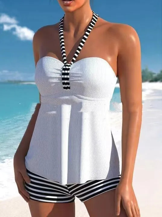 Women's black and white striped off-shoulder swimsuit with briefs style cut and polyester lining