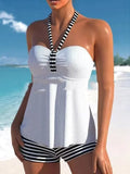 Women's black and white striped off-shoulder swimsuit with briefs style cut and polyester lining