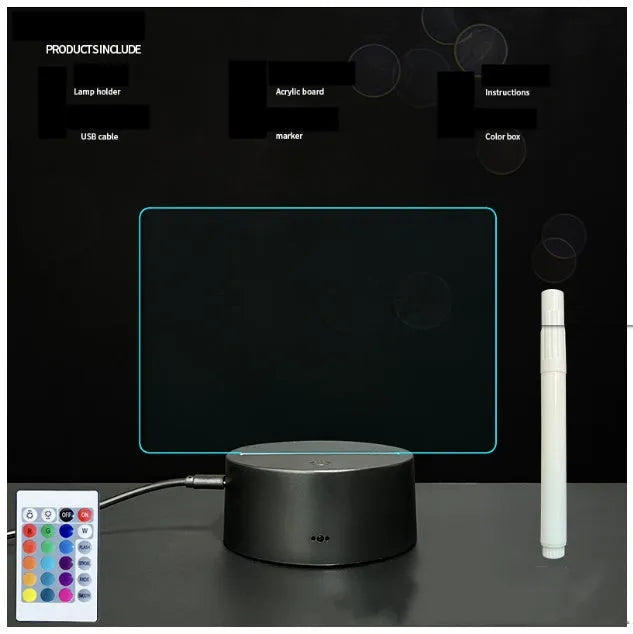 3D acrylic message board lamp with handwritten text glowing in colour, featuring a black touch base and remote control