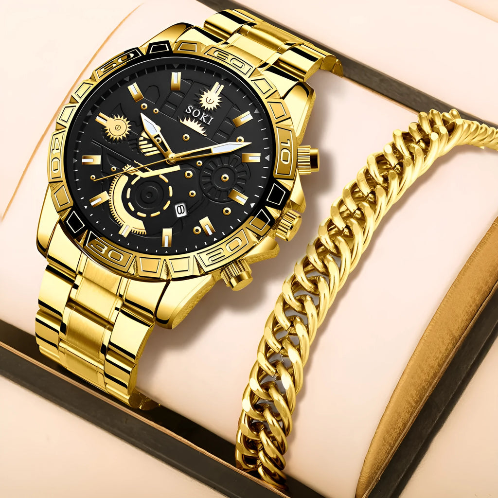Gold-coloured men's stainless steel business quartz watch with calendar on wrist.
