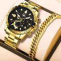 Gold-coloured men's stainless steel business quartz watch with calendar on wrist.