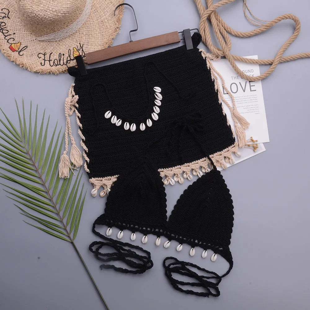 Women's handmade lace-up split swimsuit in solid colours: black, apricot, white apricot skirt