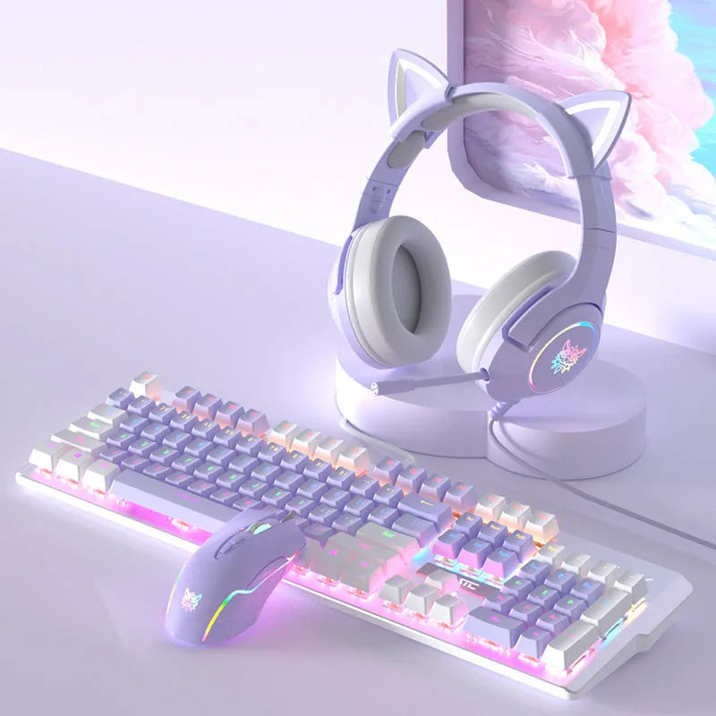 Purple and white wired mechanical keyboard and mouse combo set with backlit keys on a desk.