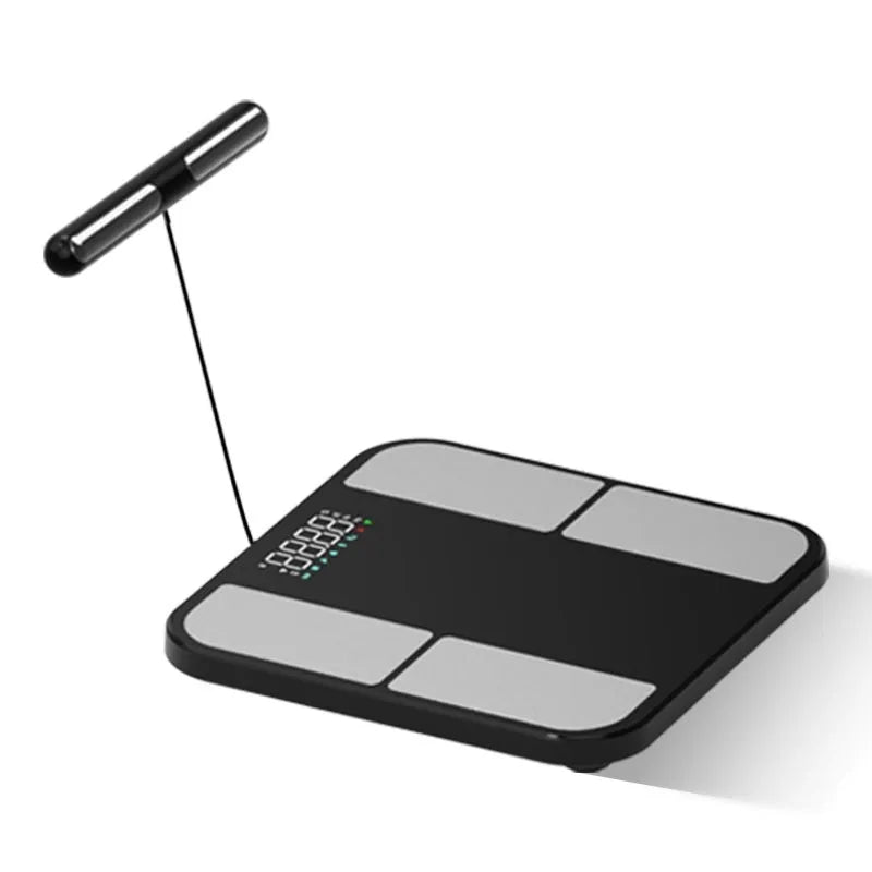 Black electronic body fat weighing scale with colour screen on tempered glass platform