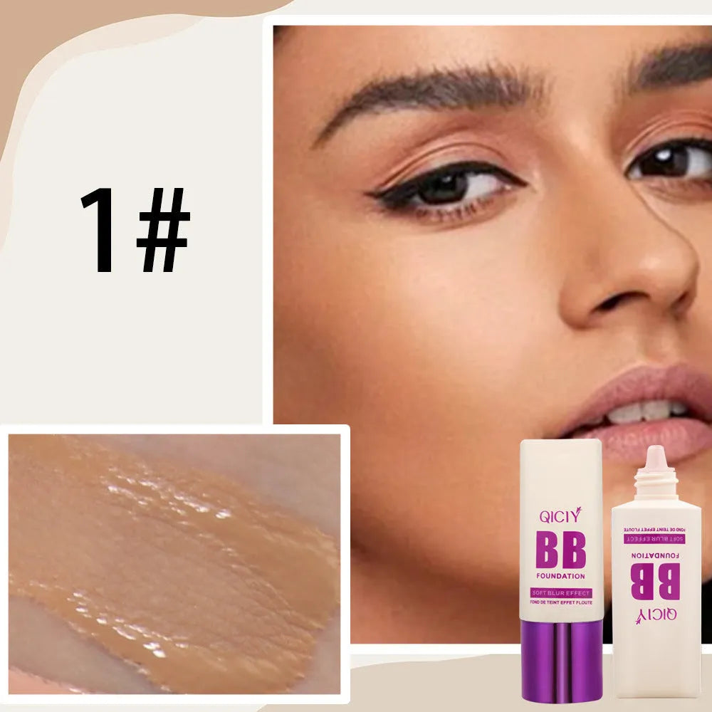 Feeding bottle design BB cream liquid foundation with brightening repair, showing 10 shade options.