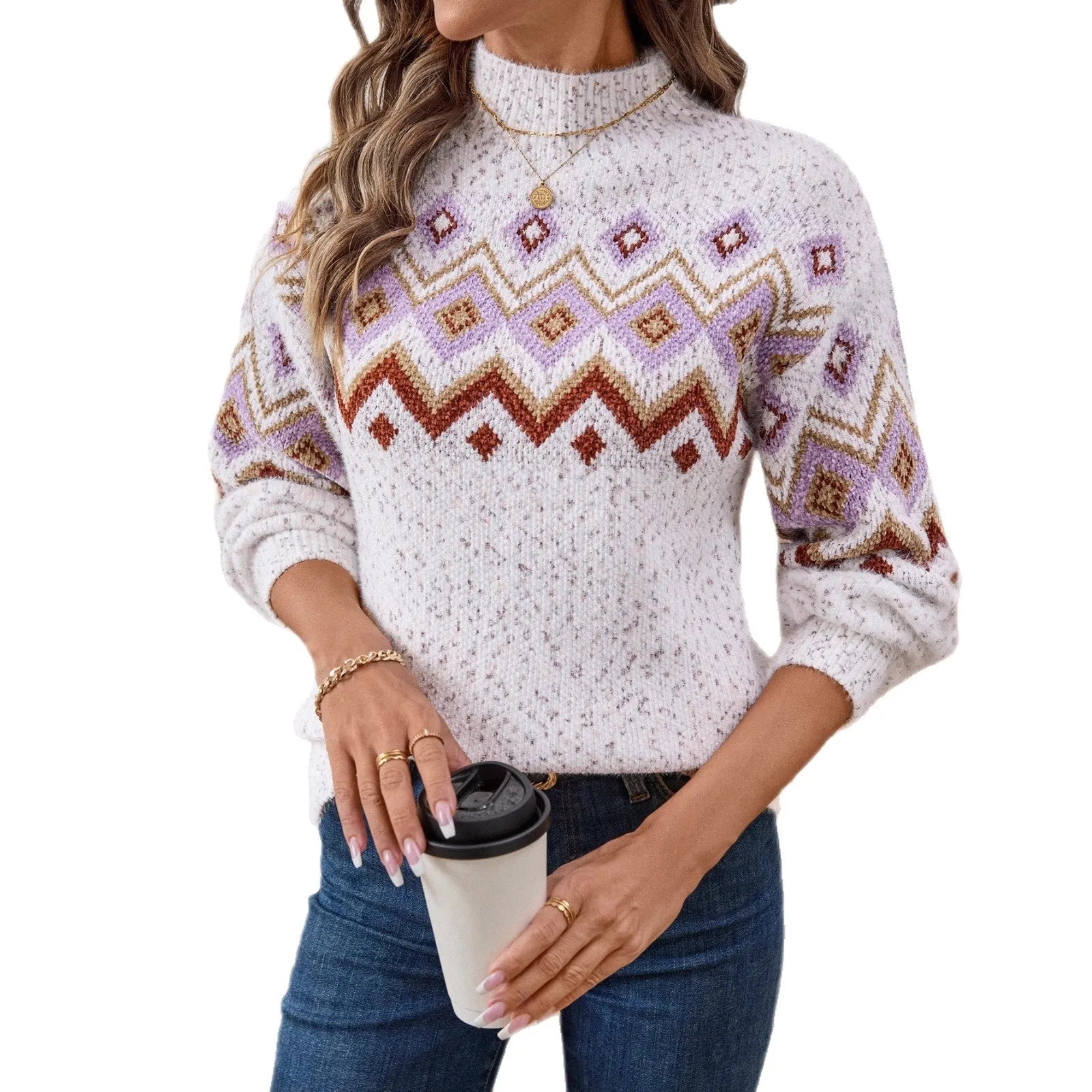 White women's half turtleneck sweater with geometric jacquard pattern, loose fit, long sleeves