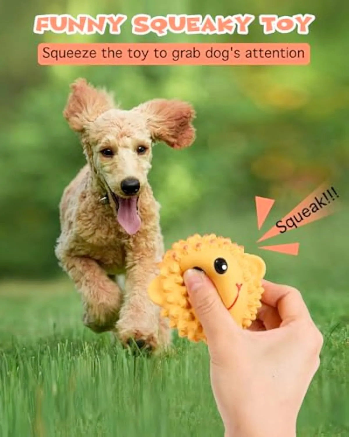 Orange and yellow latex dog toys with spiky texture and animal designs for small medium breeds