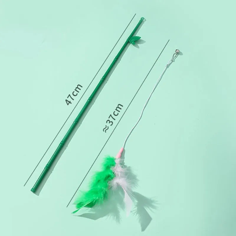 Interactive cat feather wand toy with bells and colourful feathers on durable wand with comfortable grip handle