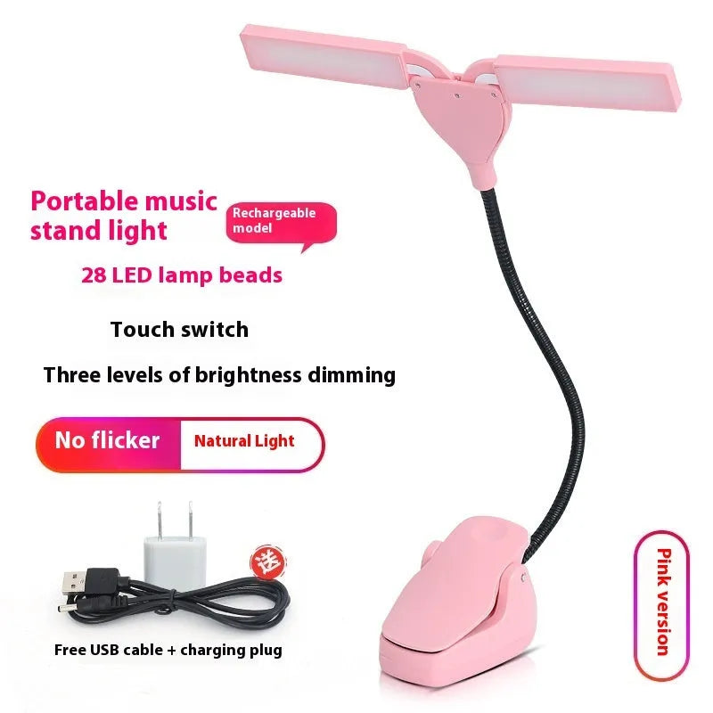 Black rechargeable music stand lamp with 28 LEDs attached to a metal music stand.