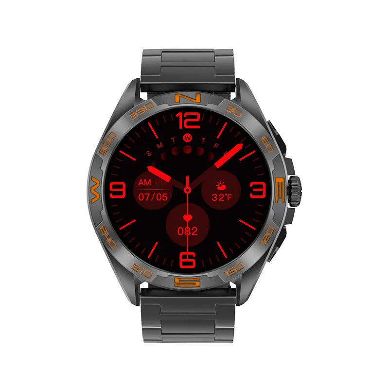Smart watch displaying health metrics on IPS screen, available in black, silver, black steel, or silver steel.