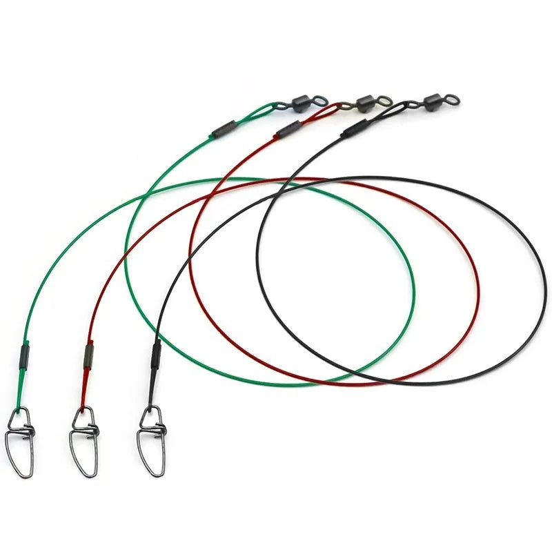 Set of 10 green, black, and red steel wire fishing accessories with double buckle pins, each 54cm long.