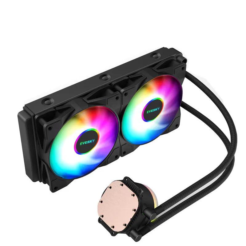 Aluminium CPU radiator with fan, shown in 120mm, 240mm, and 360mm sizes with RGB lighting option.