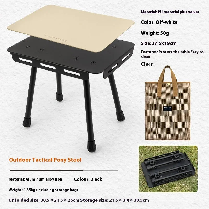 CLS Outdoor aluminium folding camping stool with PU cushion next to its bag that converts into a small table.