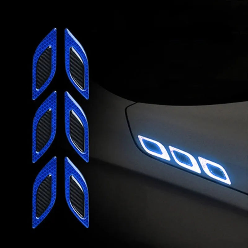 Blue and yellow 17mm reflective car bumper strips showing universal fit for vehicle wheels