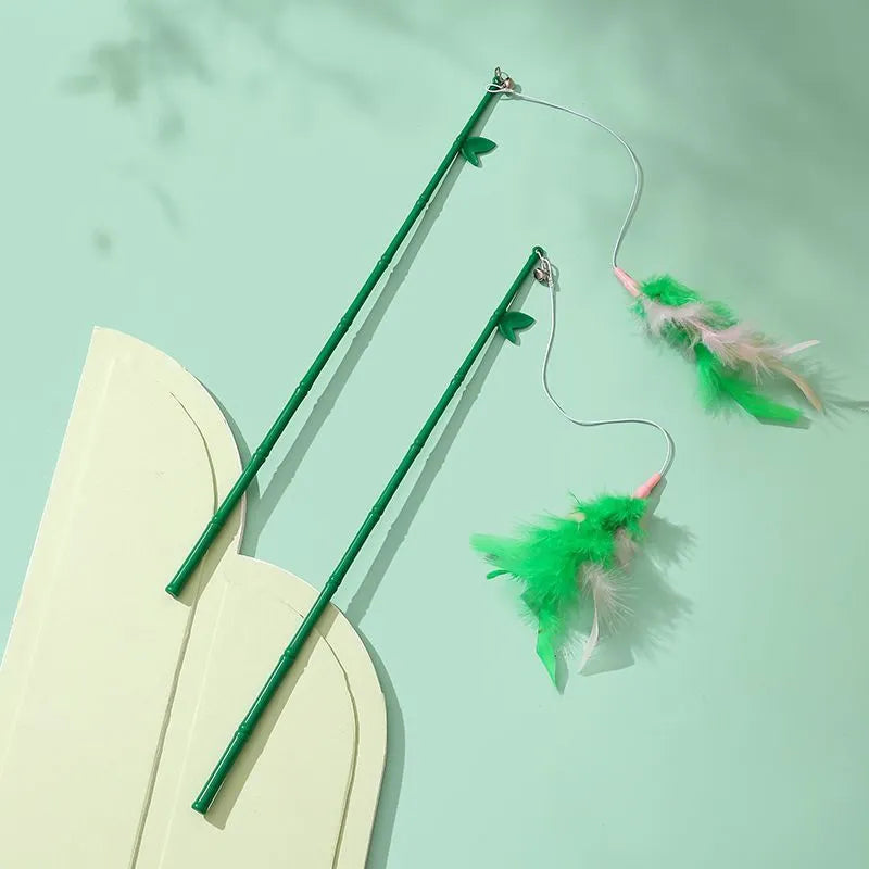 Interactive cat feather wand toy with bells and colourful feathers on durable wand with comfortable grip handle