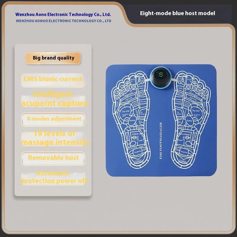 Blue rechargeable foot massager mat with USB cable and push-button controls on a floor.