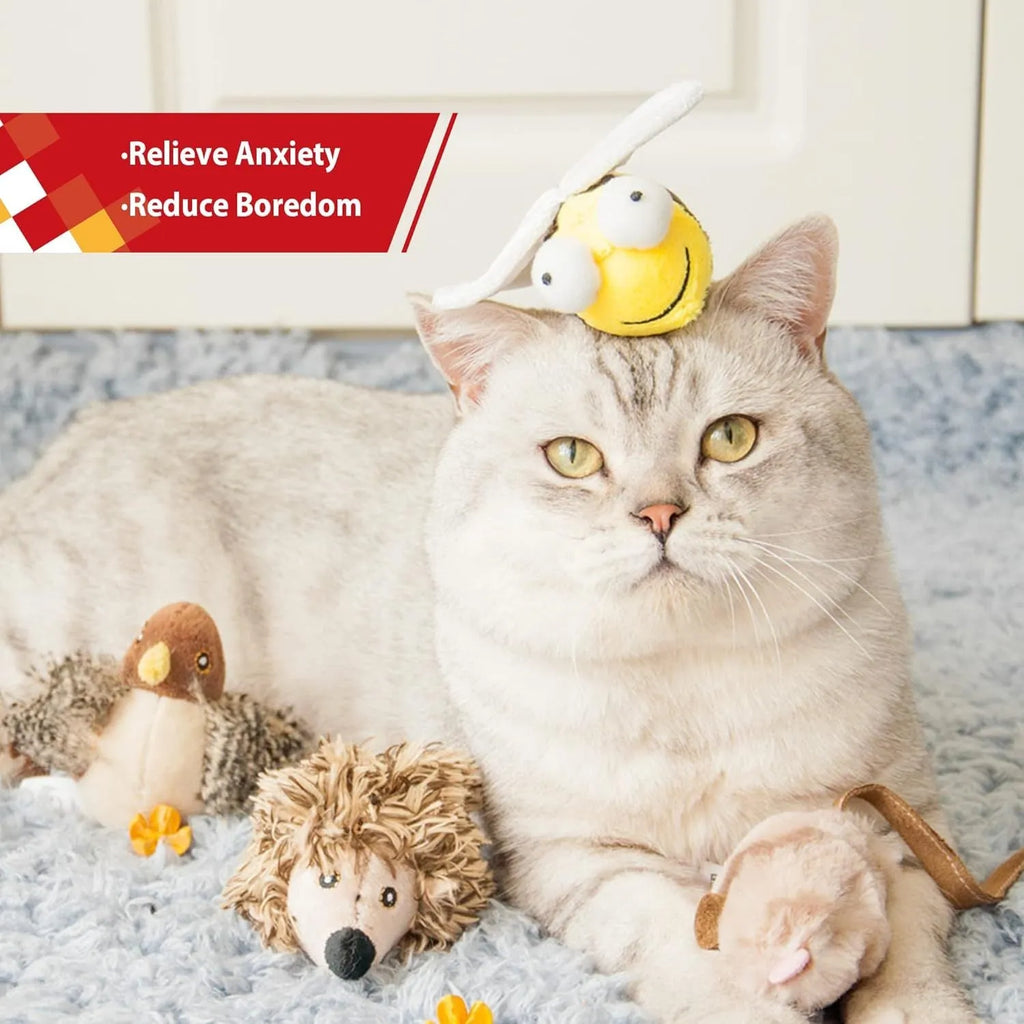 Yellow bee-shaped electronic cat toy with motion-activated squeaking mechanism for interactive indoor play