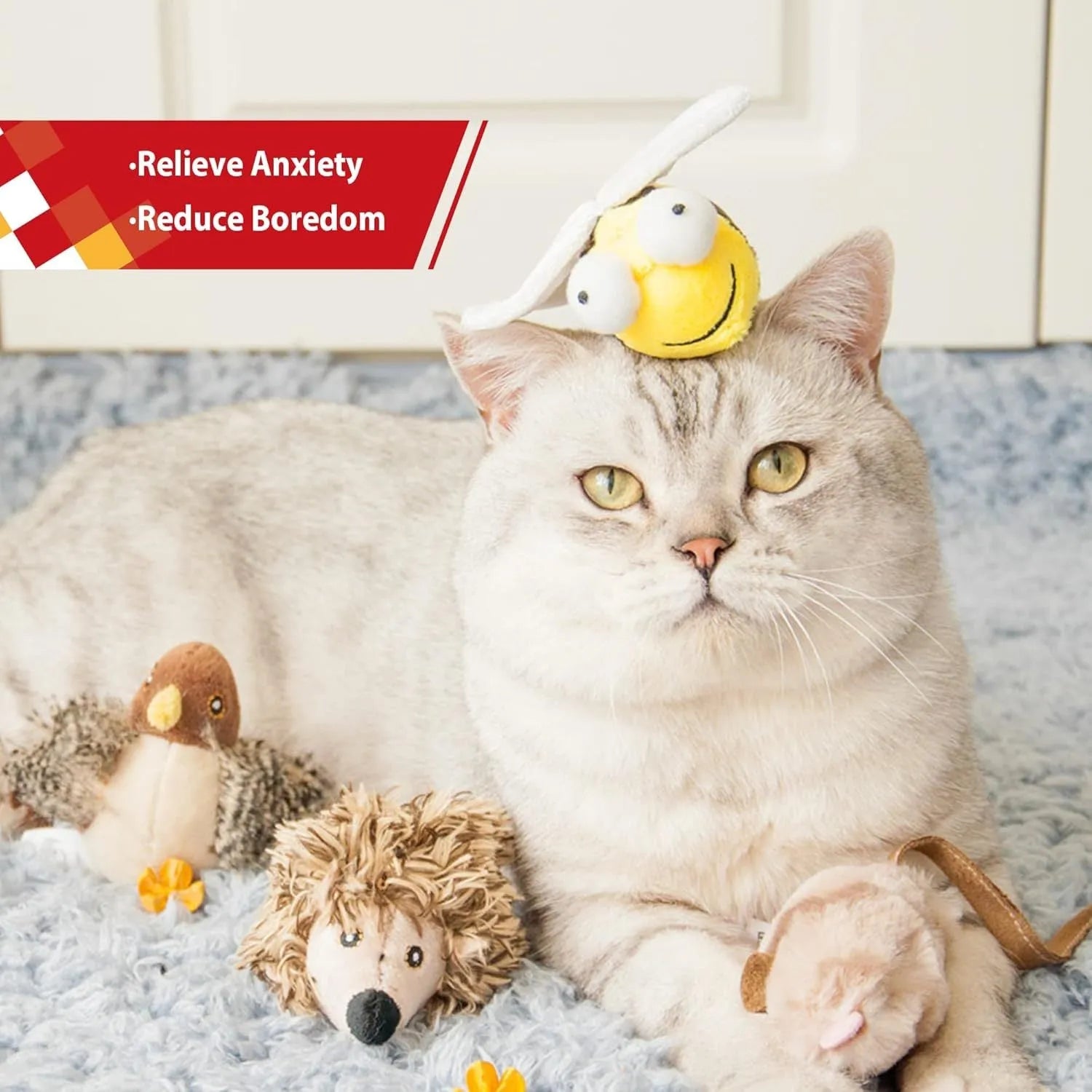 Yellow bee-shaped electronic cat toy with motion-activated squeaking mechanism for interactive indoor play