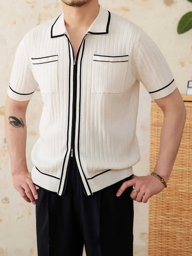 Slim elastic lapel collar short-sleeved polo shirt in black and white colours