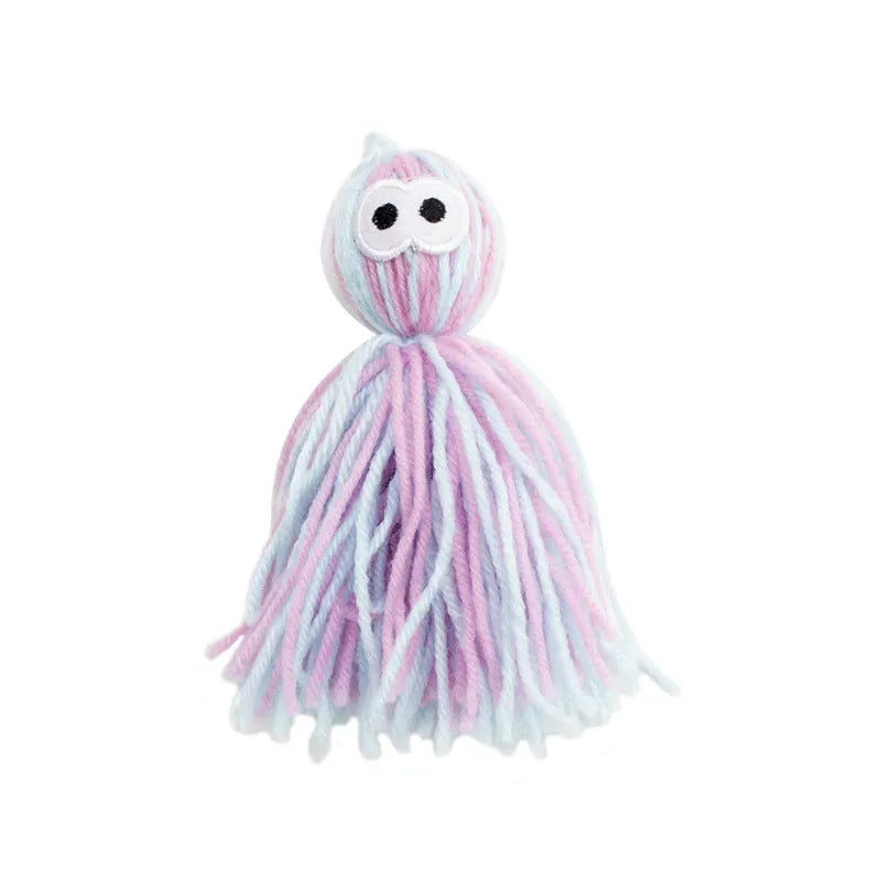 Hanging wool ball cat toy with teaser stick accessory in blue gray, pink blue, or pink purple colours
