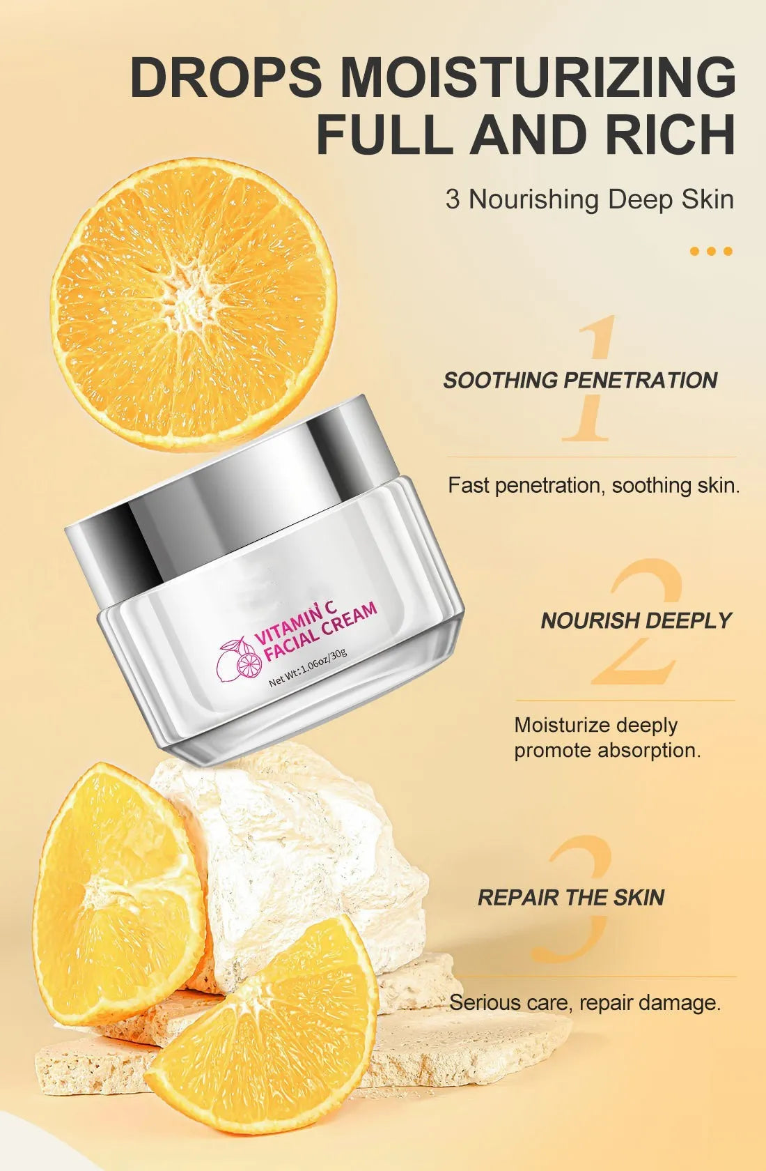 30g Vitamin C face cream in white 6x6x5.2cm tub with universal skin type labelling