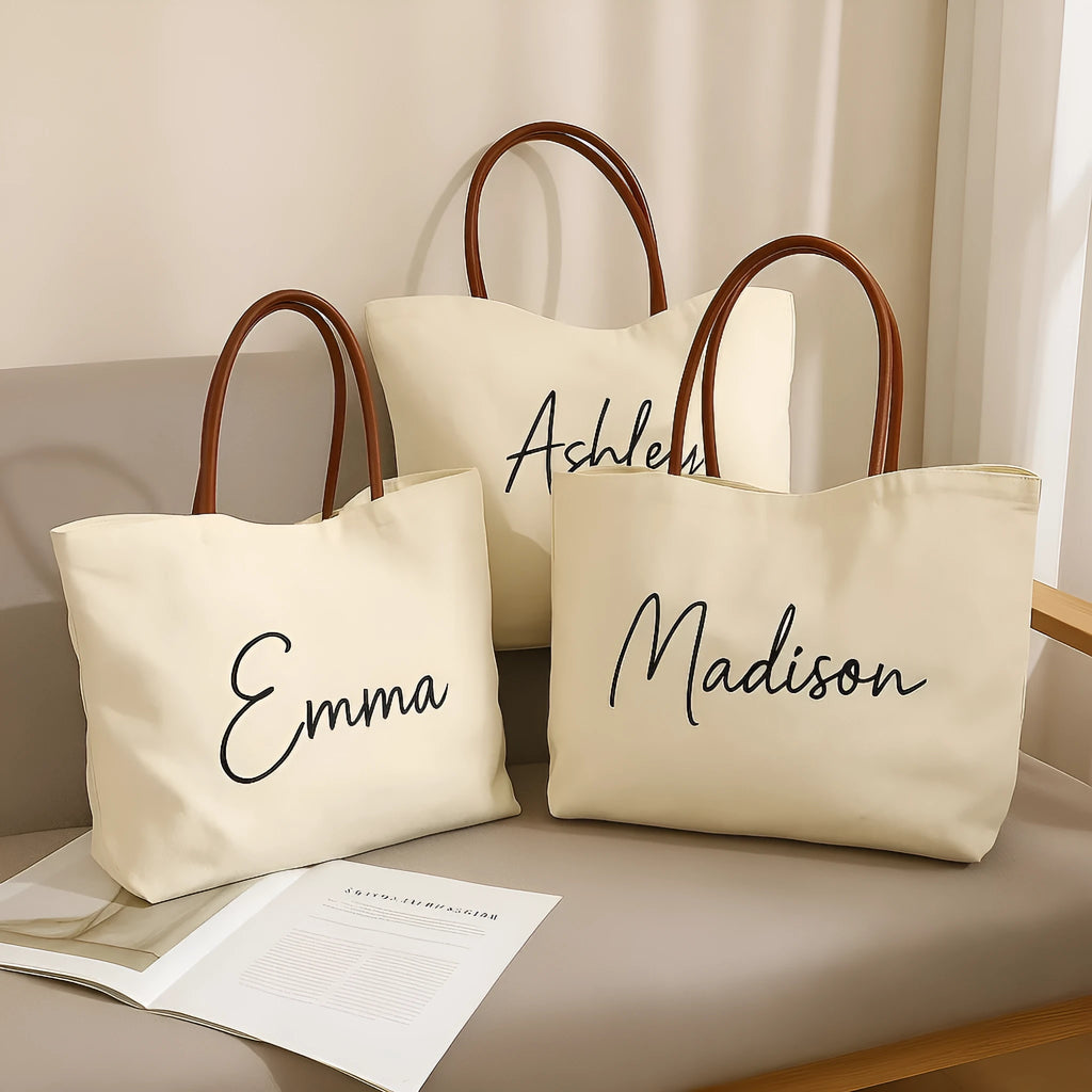 Canvas tote bag in cotton fabric with reinforced stitching, shown in beige white and white colour options