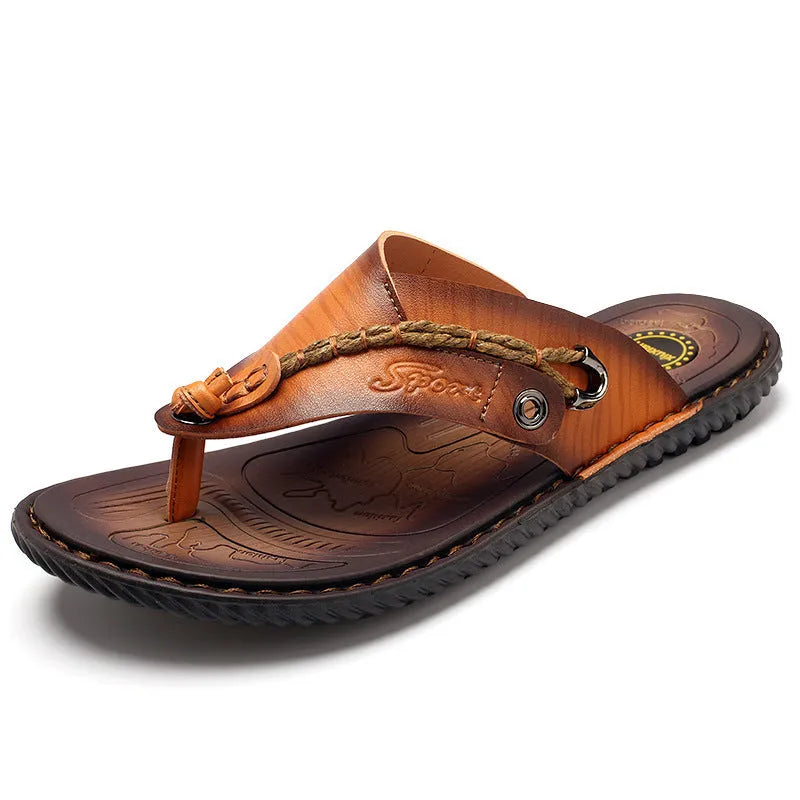 Men's non-slip slippers in light brown with a PU leather upper and textured rubber outsole.